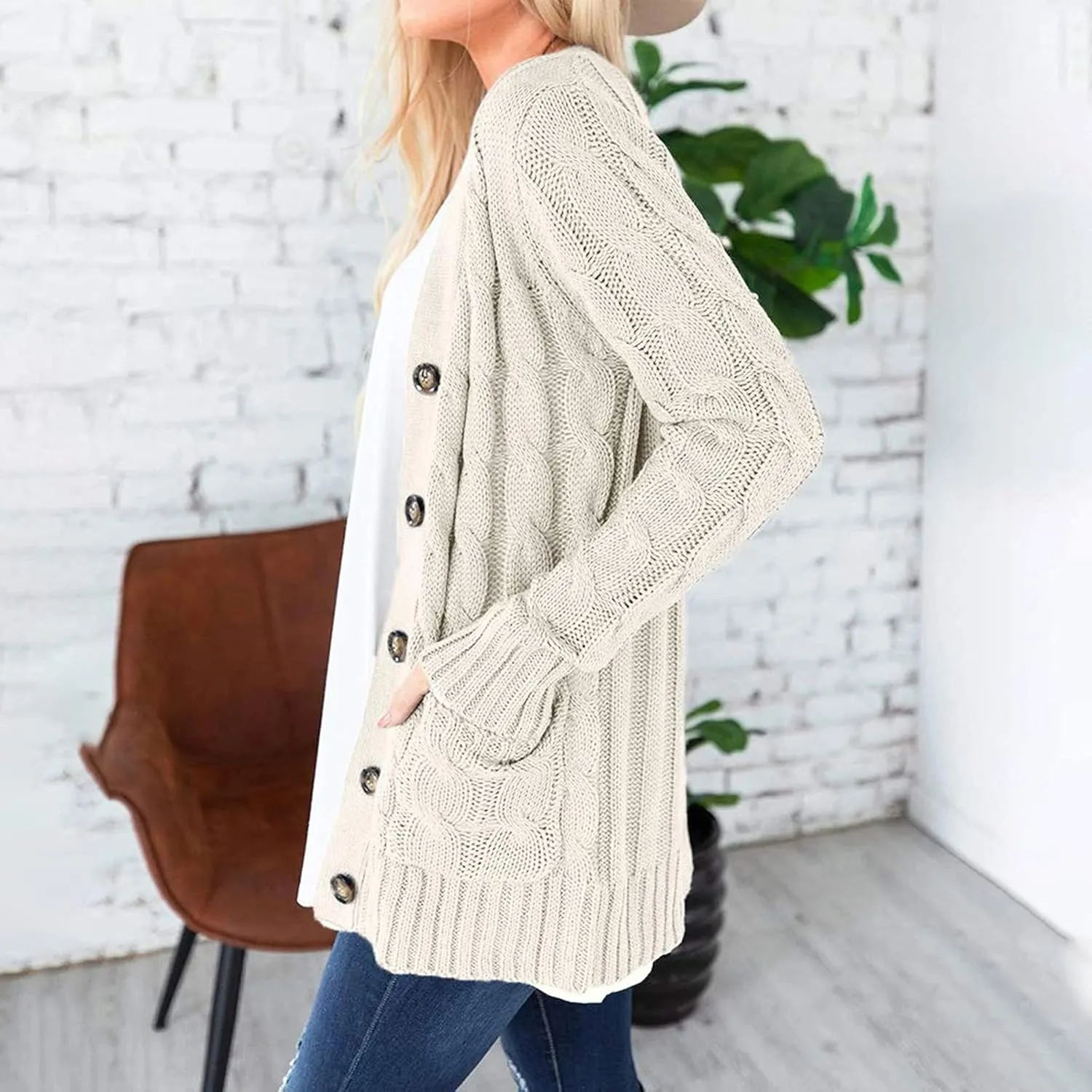 Womens Long Sleeve Cable Knit Cardigan Button Down Open Front Sweater Outerwear Fall Winter Chunky Coats