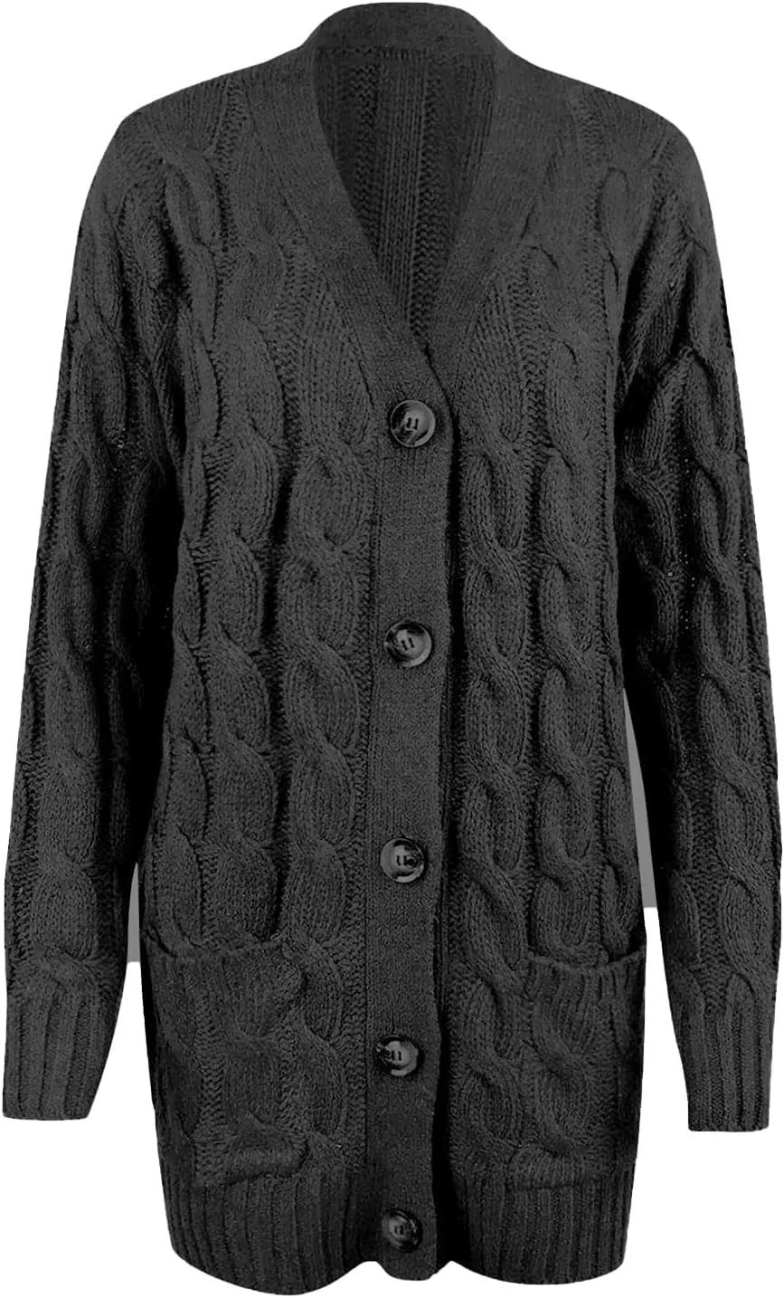 Womens Long Sleeve Cable Knit Cardigan Button Down Open Front Sweater Outerwear Fall Winter Chunky Coats