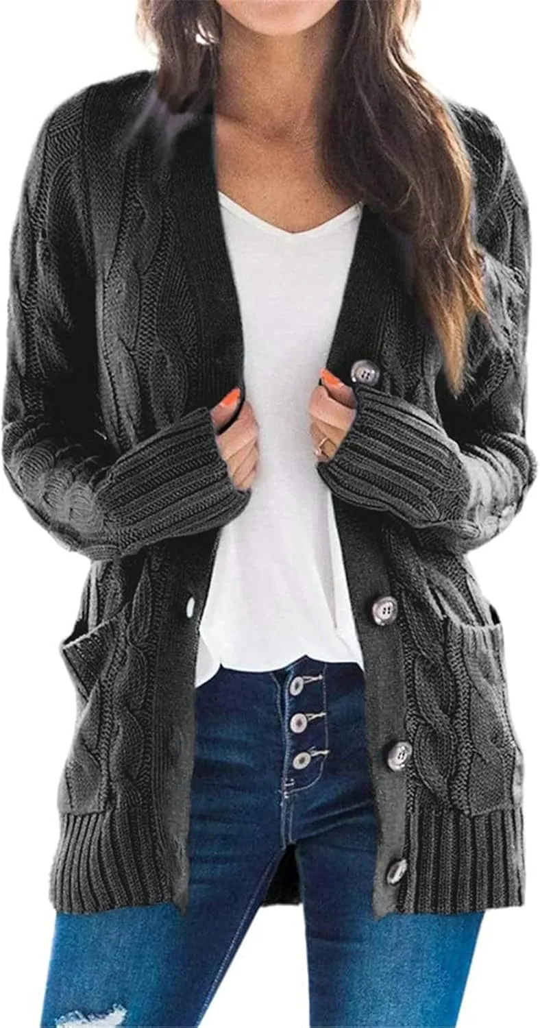 Womens Long Sleeve Cable Knit Cardigan Button Down Open Front Sweater Outerwear Fall Winter Chunky Coats