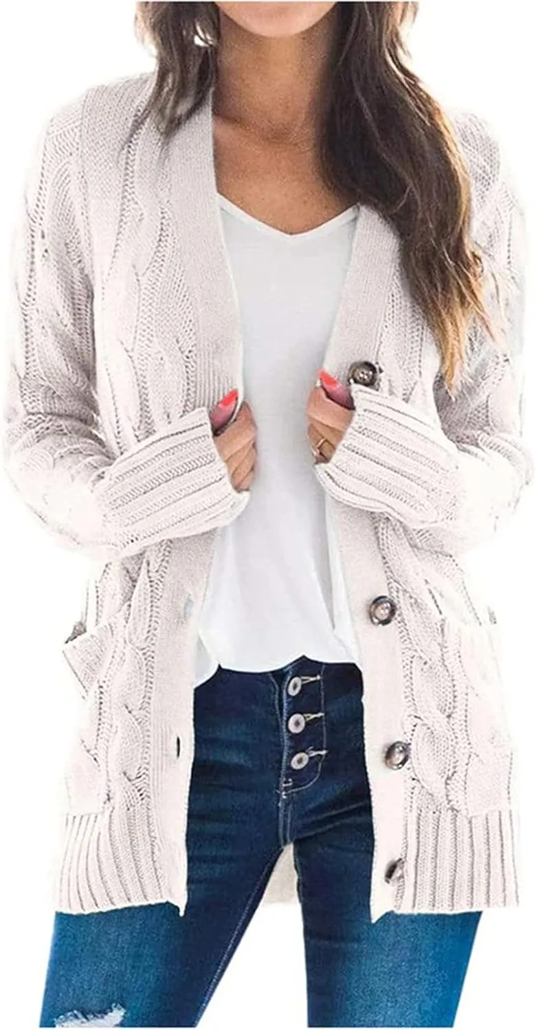 Womens Long Sleeve Cable Knit Cardigan Button Down Open Front Sweater Outerwear Fall Winter Chunky Coats