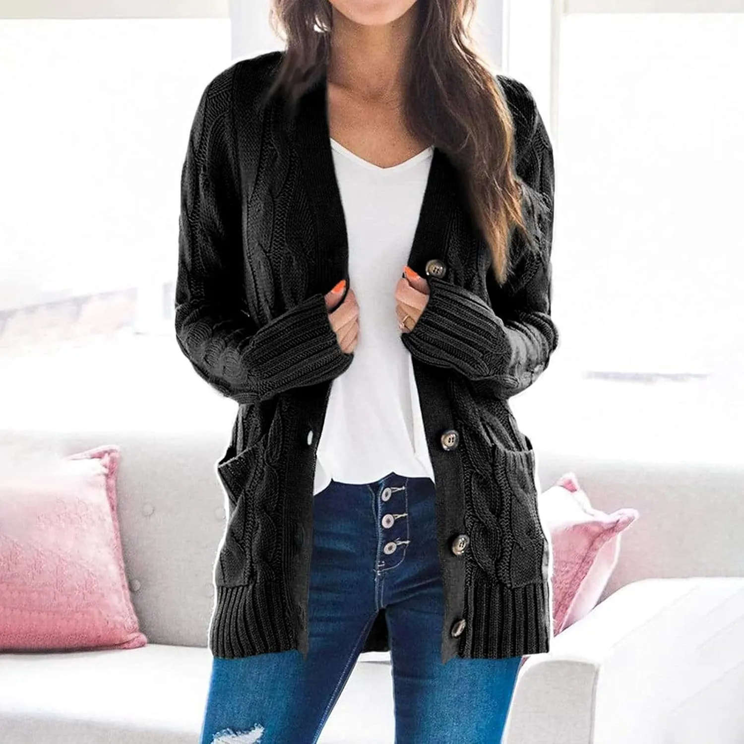 Womens Long Sleeve Cable Knit Cardigan Button Down Open Front Sweater Outerwear Fall Winter Chunky Coats