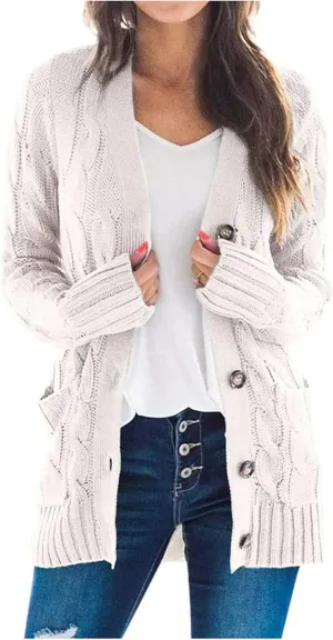 Womens Long Sleeve Cable Knit Cardigan Button Down Open Front Sweater Outerwear Fall Winter Chunky Coats