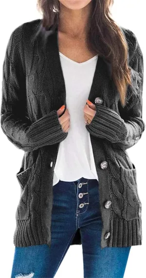Womens Long Sleeve Cable Knit Cardigan Button Down Open Front Sweater Outerwear Fall Winter Chunky Coats