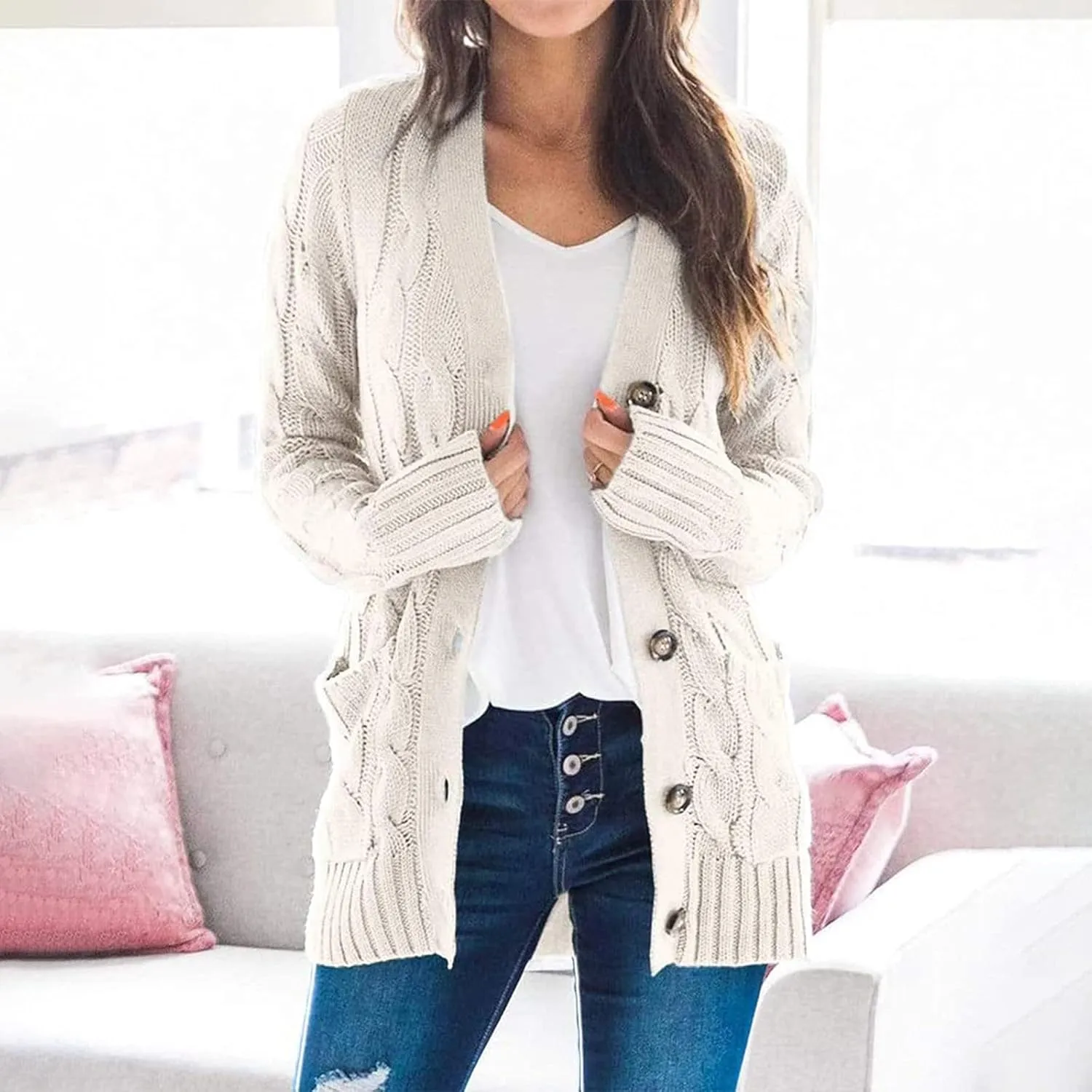 Womens Long Sleeve Cable Knit Cardigan Button Down Open Front Sweater Outerwear Fall Winter Chunky Coats