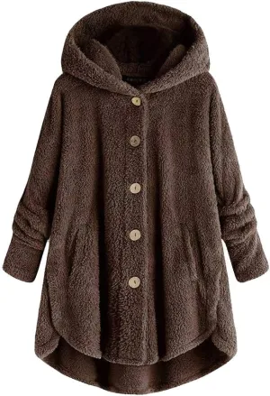 Women's Long Sleeve Hoodies Coat Cat Ear Cap Plush Tops Casual Loose Plus Size Button Stitching Pullover Sweaters