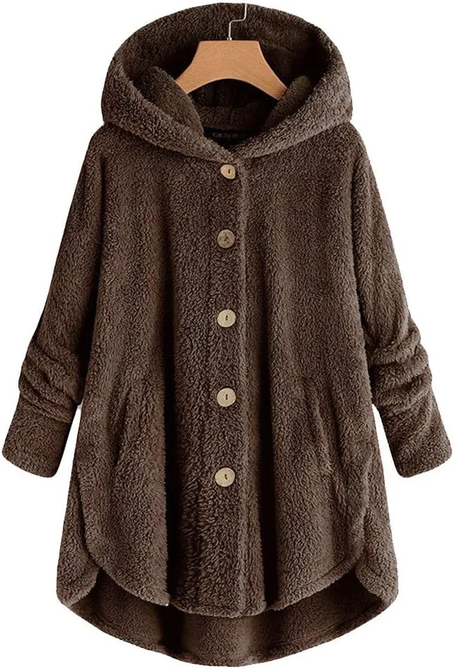 Women's Long Sleeve Hoodies Coat Cat Ear Cap Plush Tops Casual Loose Plus Size Button Stitching Pullover Sweaters