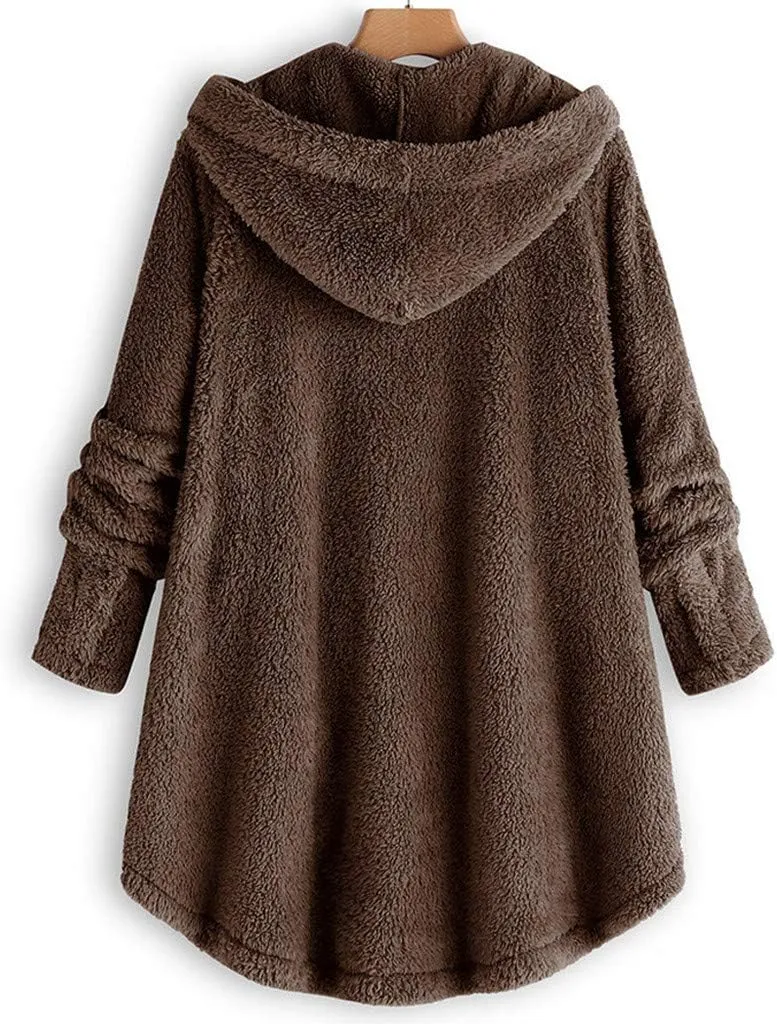 Women's Long Sleeve Hoodies Coat Cat Ear Cap Plush Tops Casual Loose Plus Size Button Stitching Pullover Sweaters