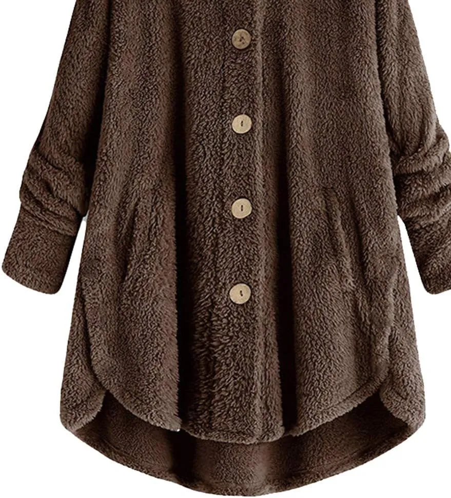 Women's Long Sleeve Hoodies Coat Cat Ear Cap Plush Tops Casual Loose Plus Size Button Stitching Pullover Sweaters