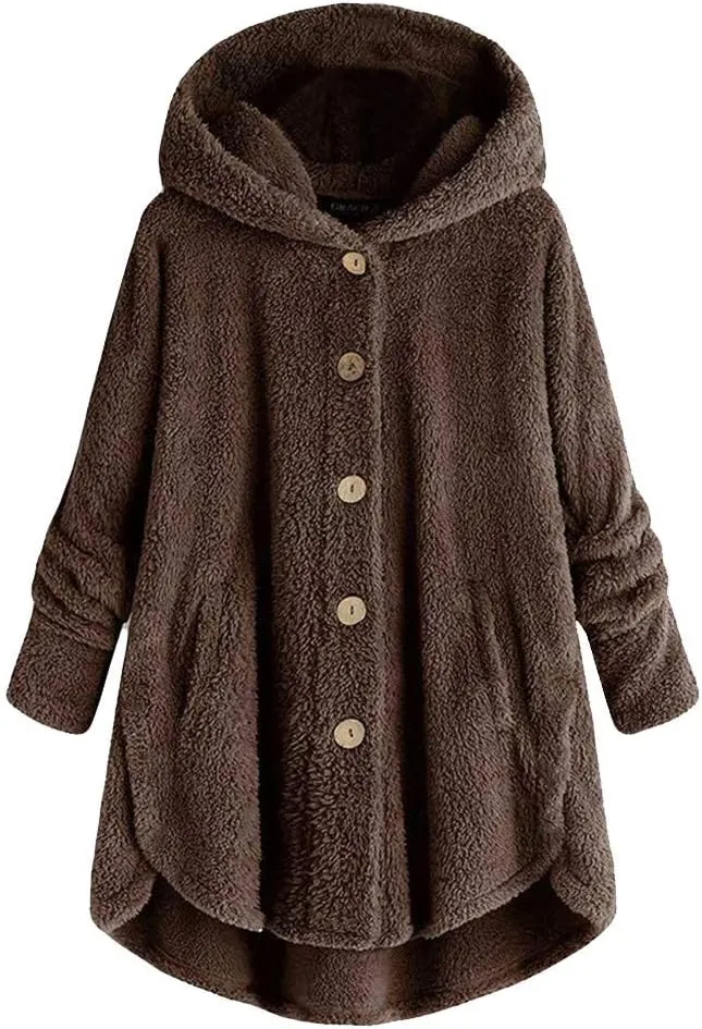 Women's Long Sleeve Hoodies Coat Cat Ear Cap Plush Tops Casual Loose Plus Size Button Stitching Pullover Sweaters