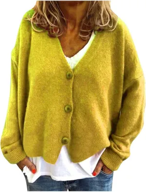 Women's Long Sleeve V-Neck Cardigans Soft Open Front Sweater Comfortable Loose Button Casual Fall Clothes