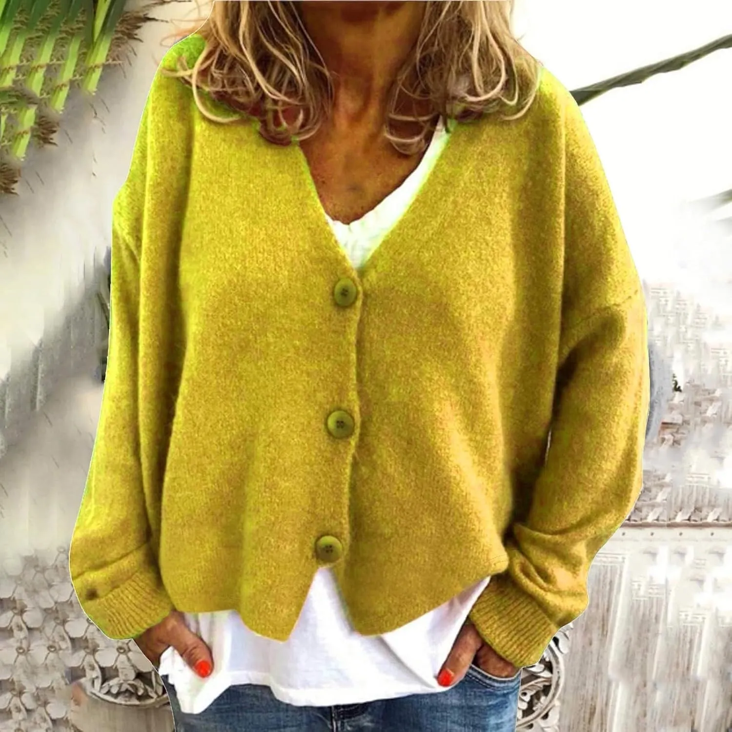 Women's Long Sleeve V-Neck Cardigans Soft Open Front Sweater Comfortable Loose Button Casual Fall Clothes