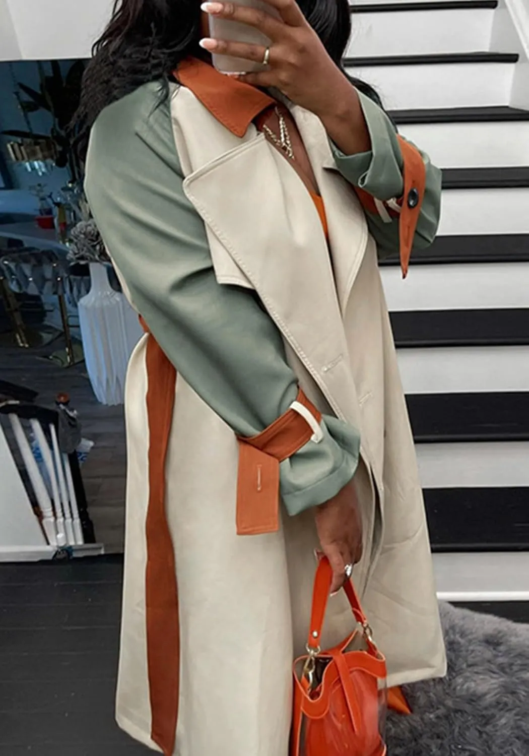 Women's Long Trench Coat Color Block Long Sleeve Lapel Double Breasted Trendy Windbreaker Jacket with Belt