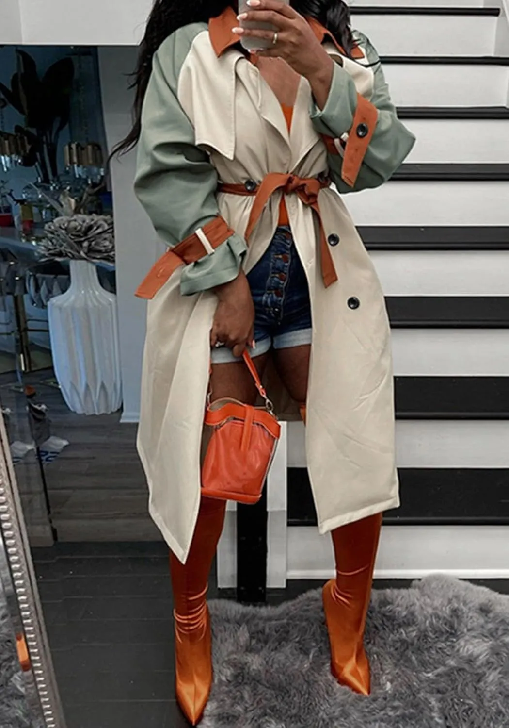 Women's Long Trench Coat Color Block Long Sleeve Lapel Double Breasted Trendy Windbreaker Jacket with Belt