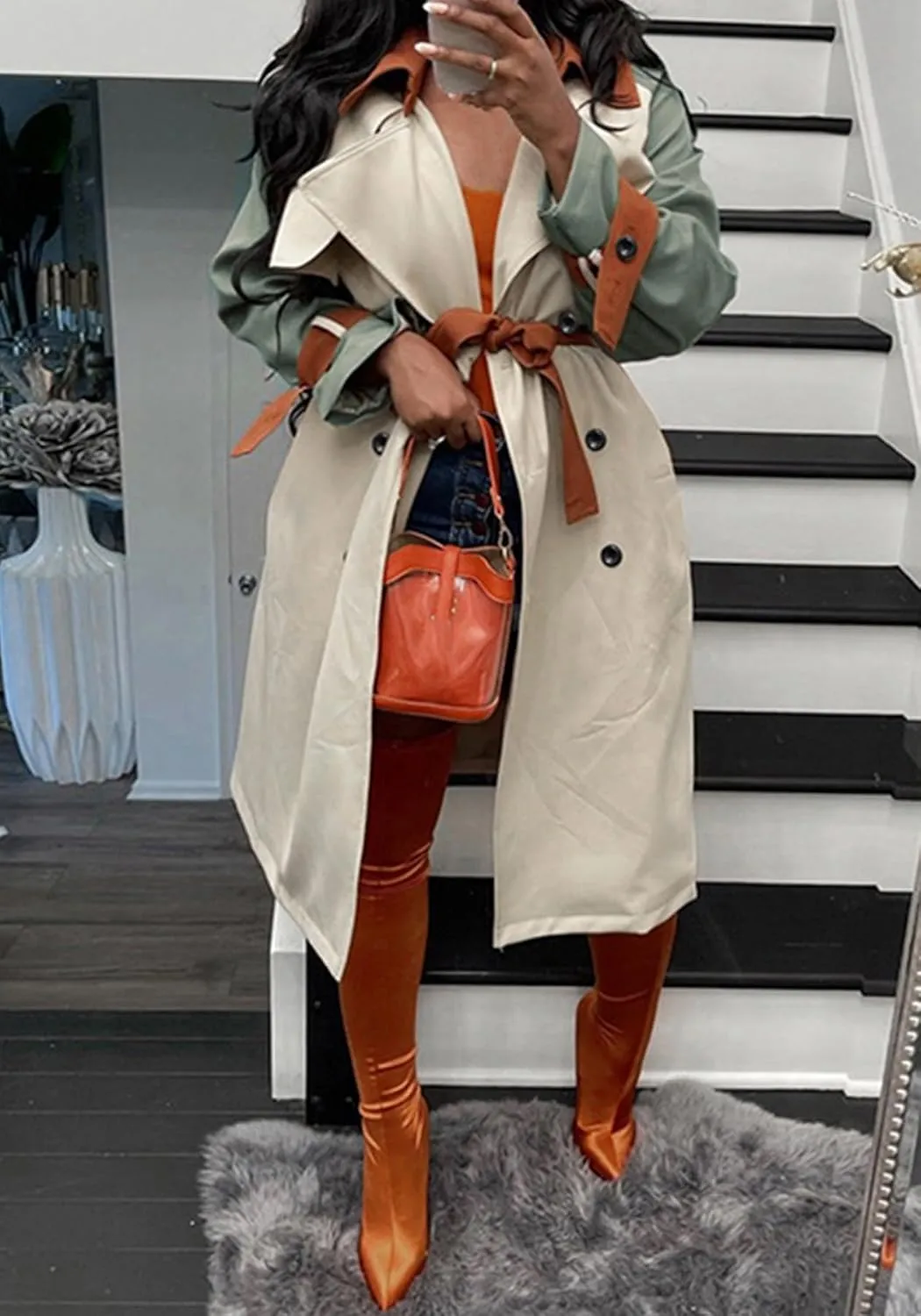 Women's Long Trench Coat Color Block Long Sleeve Lapel Double Breasted Trendy Windbreaker Jacket with Belt
