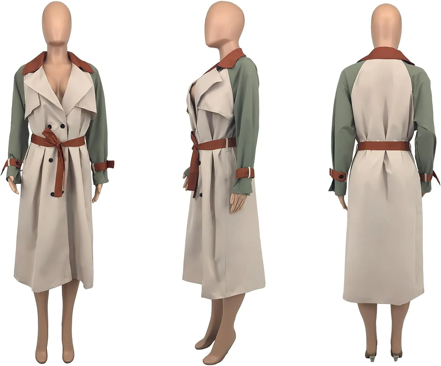 Women's Long Trench Coat Color Block Long Sleeve Lapel Double Breasted Trendy Windbreaker Jacket with Belt
