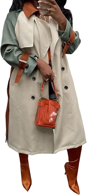 Women's Long Trench Coat Color Block Long Sleeve Lapel Double Breasted Trendy Windbreaker Jacket with Belt