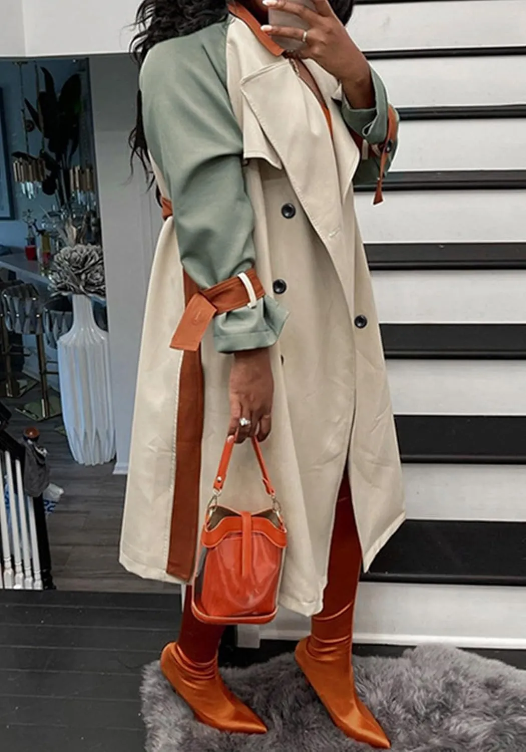 Women's Long Trench Coat Color Block Long Sleeve Lapel Double Breasted Trendy Windbreaker Jacket with Belt