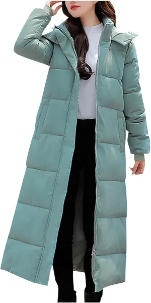 Womens Long Winter Quilted Puffer Coat Hooded Maxi Parka down Jacket Warm Padded Thick Outerwear with Side Button Hem
