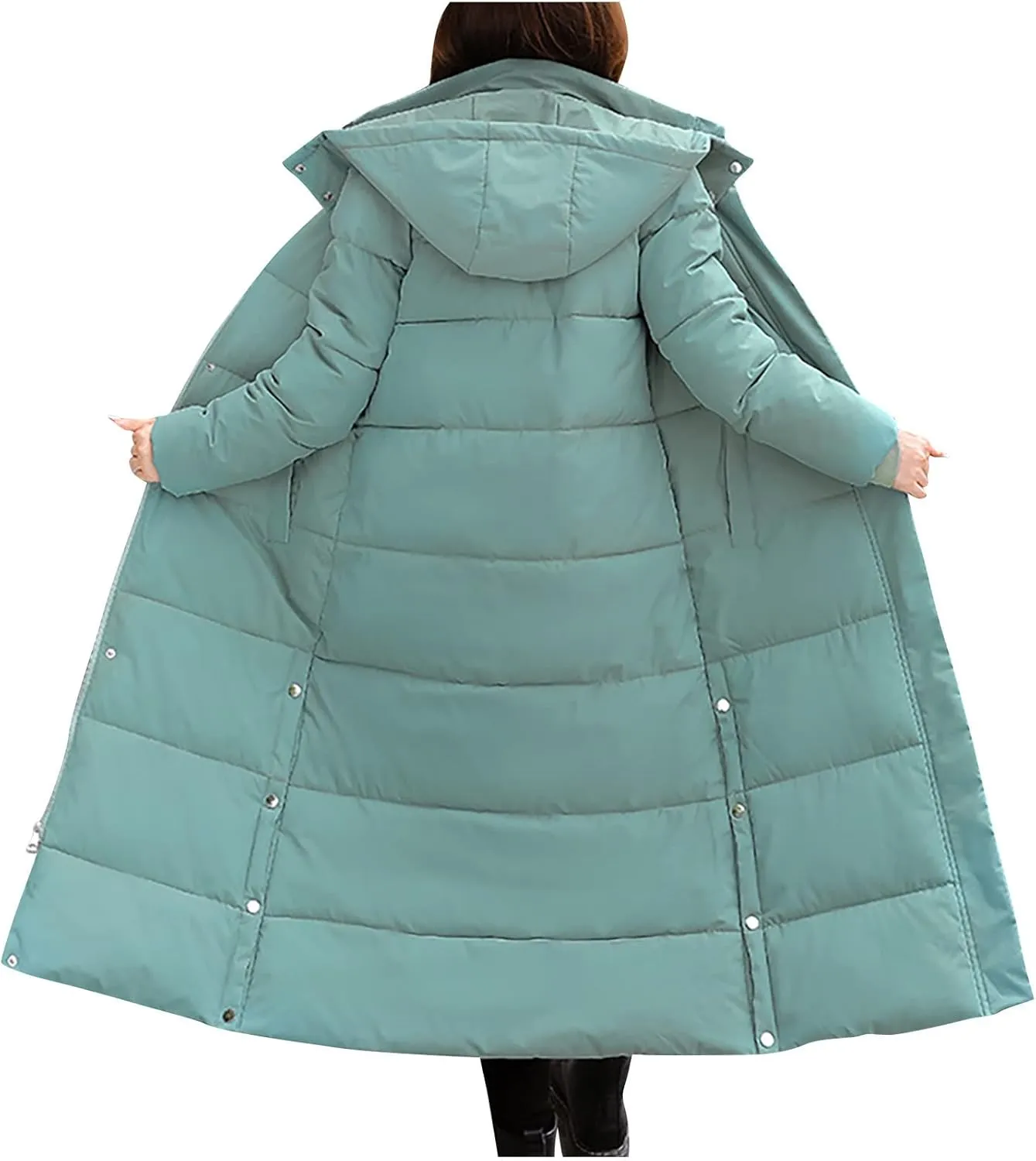 Womens Long Winter Quilted Puffer Coat Hooded Maxi Parka down Jacket Warm Padded Thick Outerwear with Side Button Hem