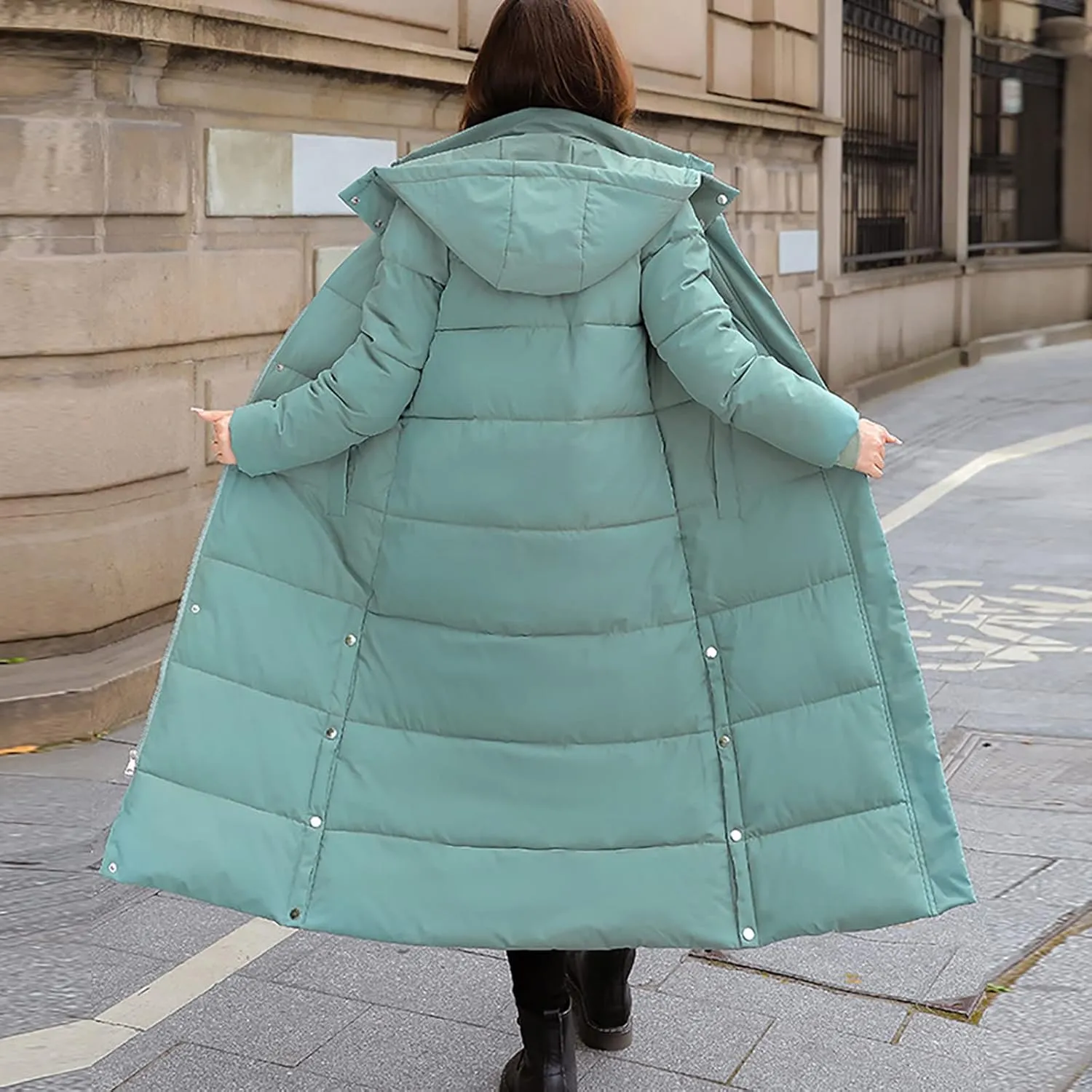 Womens Long Winter Quilted Puffer Coat Hooded Maxi Parka down Jacket Warm Padded Thick Outerwear with Side Button Hem