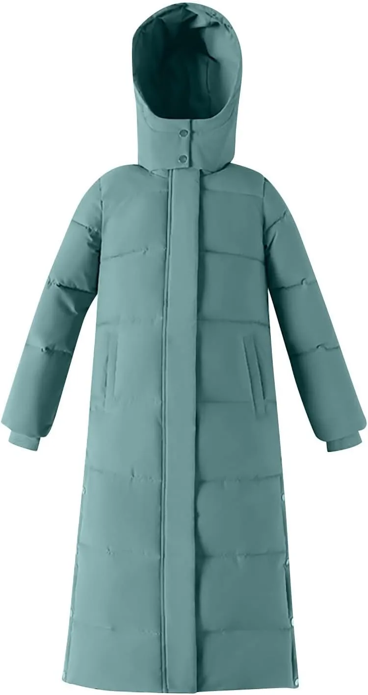 Womens Long Winter Quilted Puffer Coat Hooded Maxi Parka down Jacket Warm Padded Thick Outerwear with Side Button Hem
