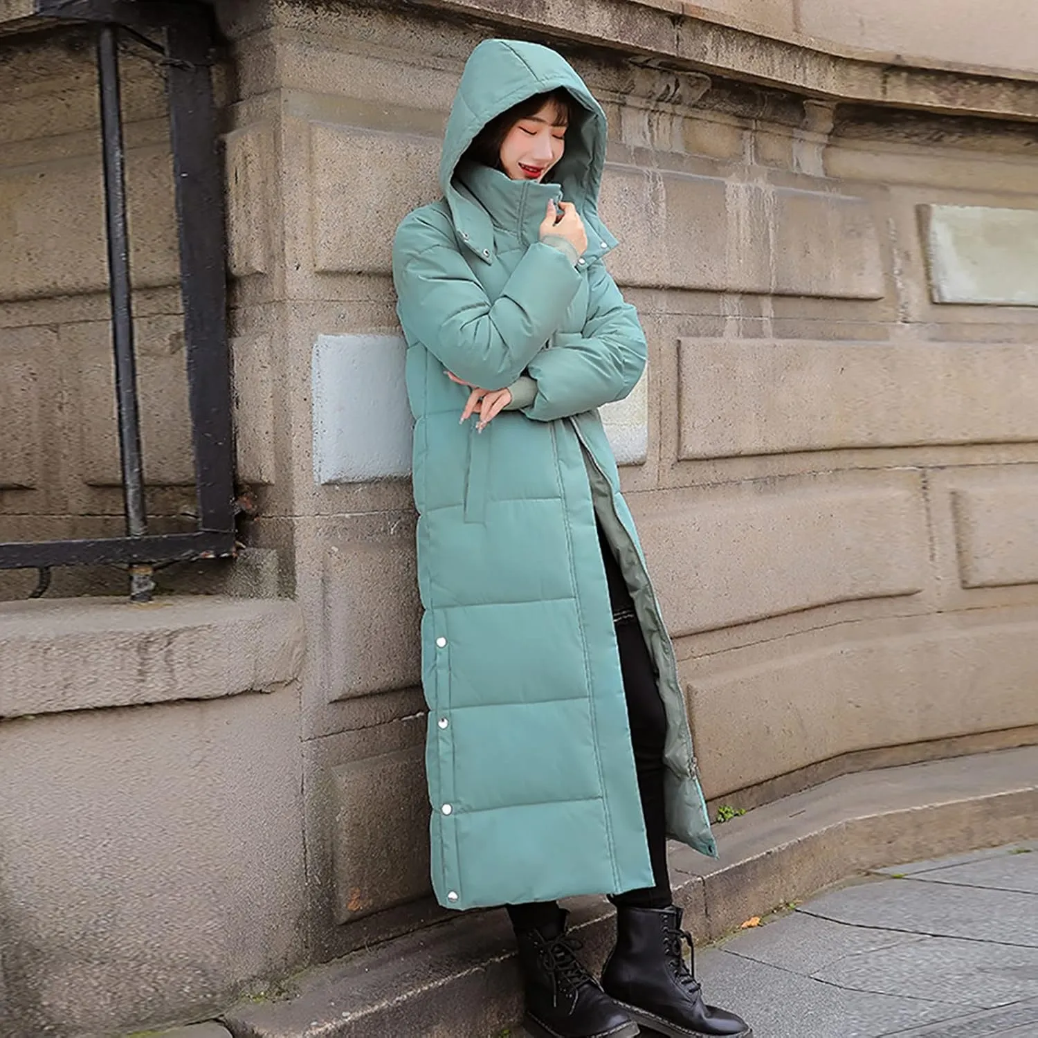 Womens Long Winter Quilted Puffer Coat Hooded Maxi Parka down Jacket Warm Padded Thick Outerwear with Side Button Hem