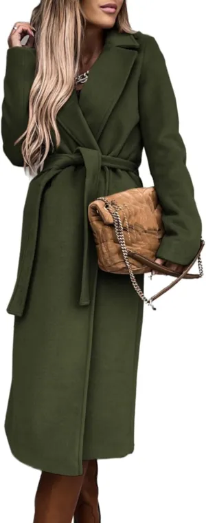 Women's Maxi Wool Blend Wrap Coat with Belt Classic Elegant Overcoat Winter Lapel Trench Coats Open Front Cardigans