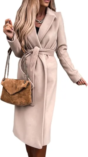 Women's Maxi Wool Blend Wrap Coat with Belt Classic Elegant Overcoat Winter Lapel Trench Coats Open Front Cardigans