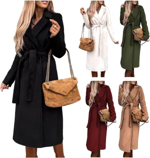 Women's Maxi Wool Blend Wrap Coat with Belt Classic Elegant Overcoat Winter Lapel Trench Coats Open Front Cardigans