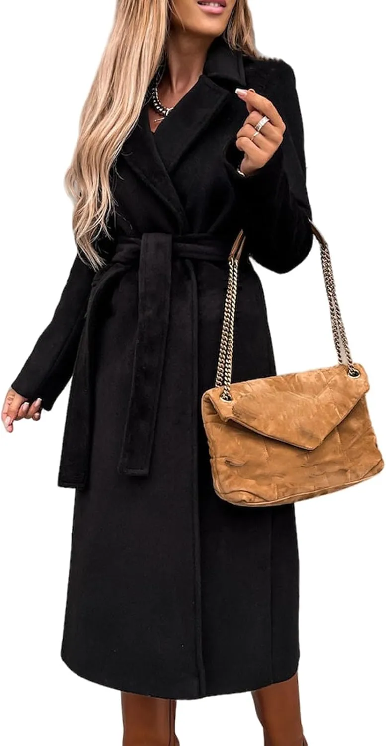 Women's Maxi Wool Blend Wrap Coat with Belt Classic Elegant Overcoat Winter Lapel Trench Coats Open Front Cardigans