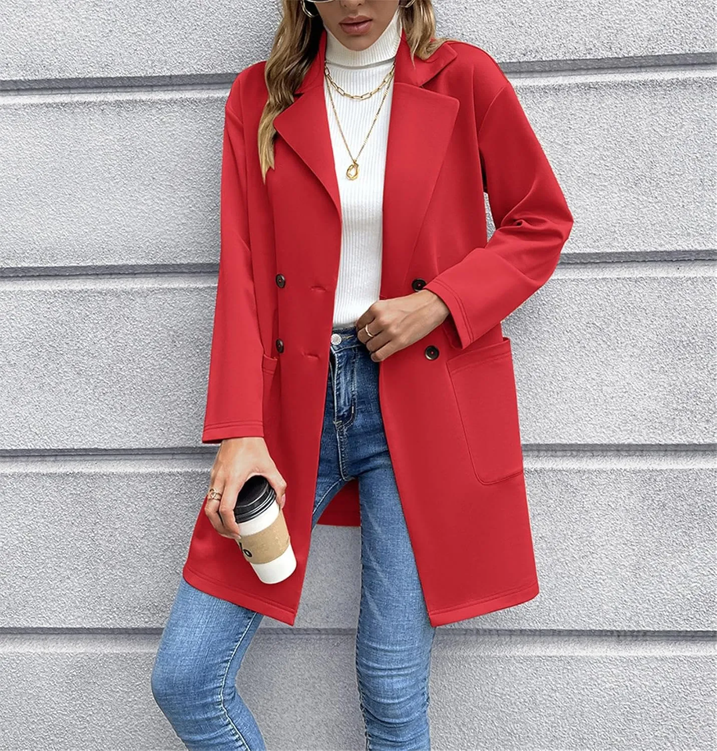 Women's Mid Long Pea Coat Wool Blend Overcoat Winter Notch Lapel Double Breasted Outwear