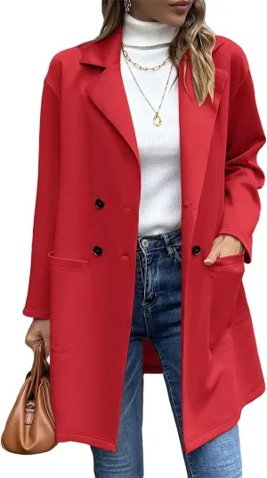 Women's Mid Long Pea Coat Wool Blend Overcoat Winter Notch Lapel Double Breasted Outwear