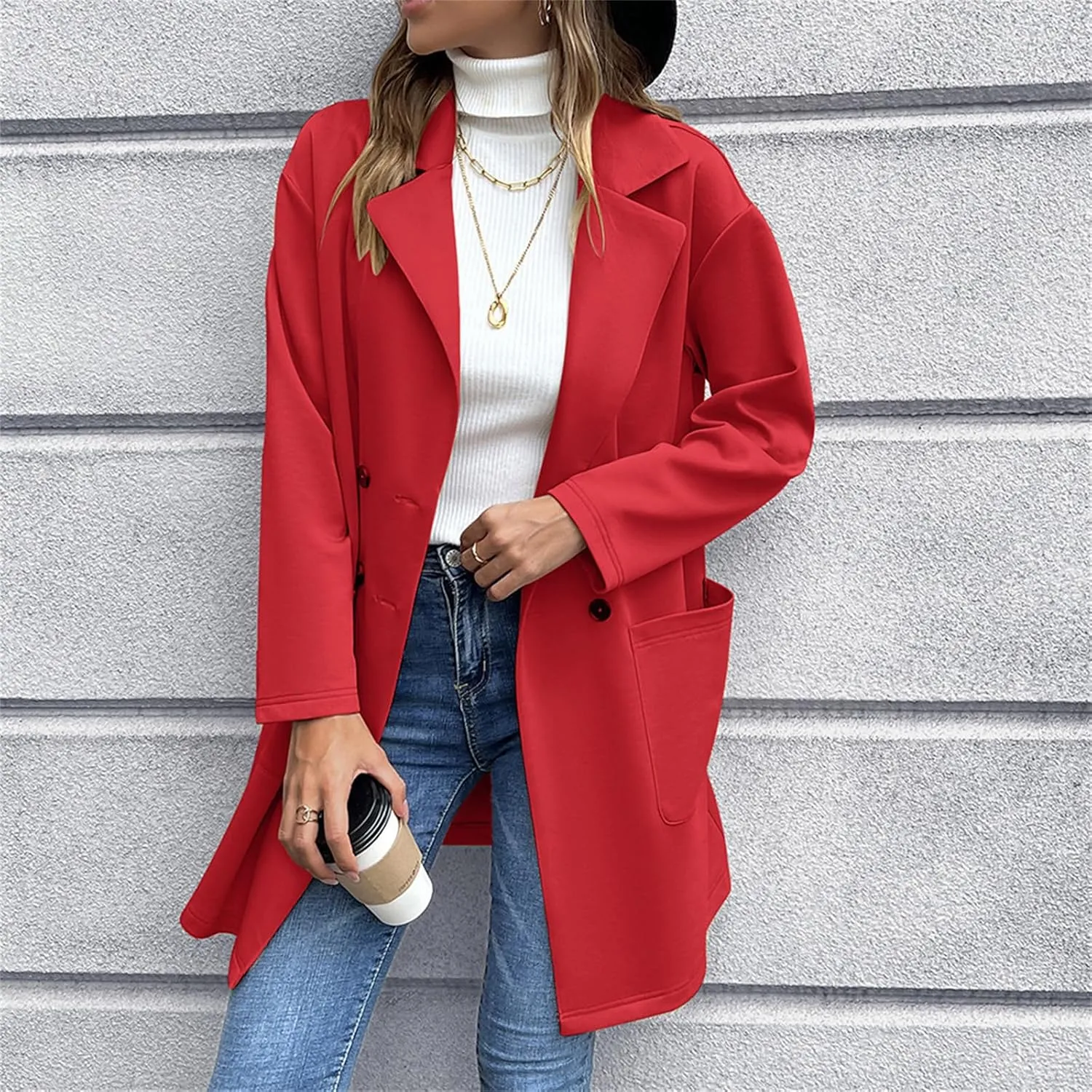 Women's Mid Long Pea Coat Wool Blend Overcoat Winter Notch Lapel Double Breasted Outwear