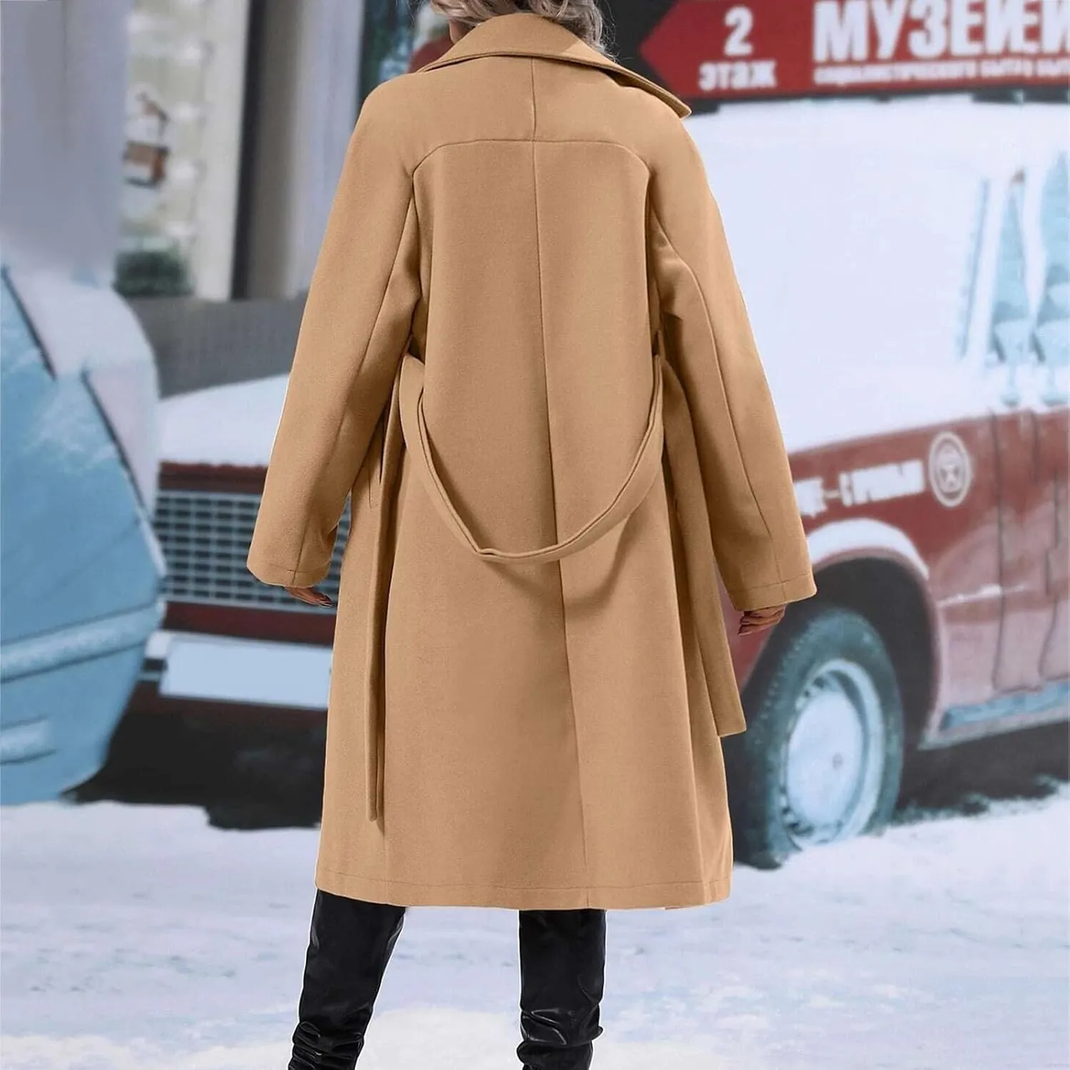Womens Notched Lapel Collar Double Breasted Coat Winter Wool Blend Over Coats Long Jackets