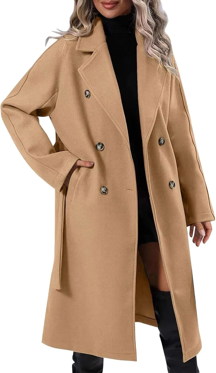 Womens Notched Lapel Collar Double Breasted Coat Winter Wool Blend Over Coats Long Jackets