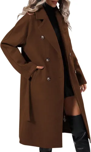 Womens Notched Lapel Collar Double Breasted Coat Winter Wool Blend Over Coats Long Jackets
