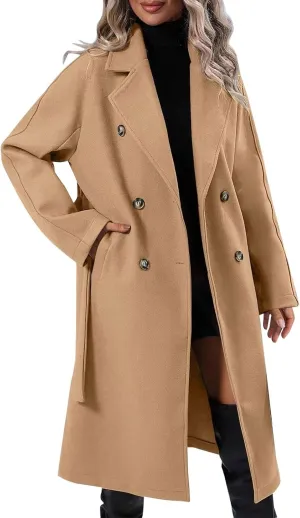 Womens Notched Lapel Collar Double Breasted Coat Winter Wool Blend Over Coats Long Jackets