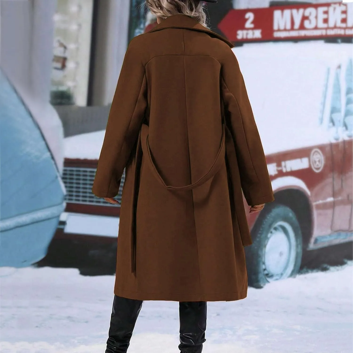Womens Notched Lapel Collar Double Breasted Coat Winter Wool Blend Over Coats Long Jackets