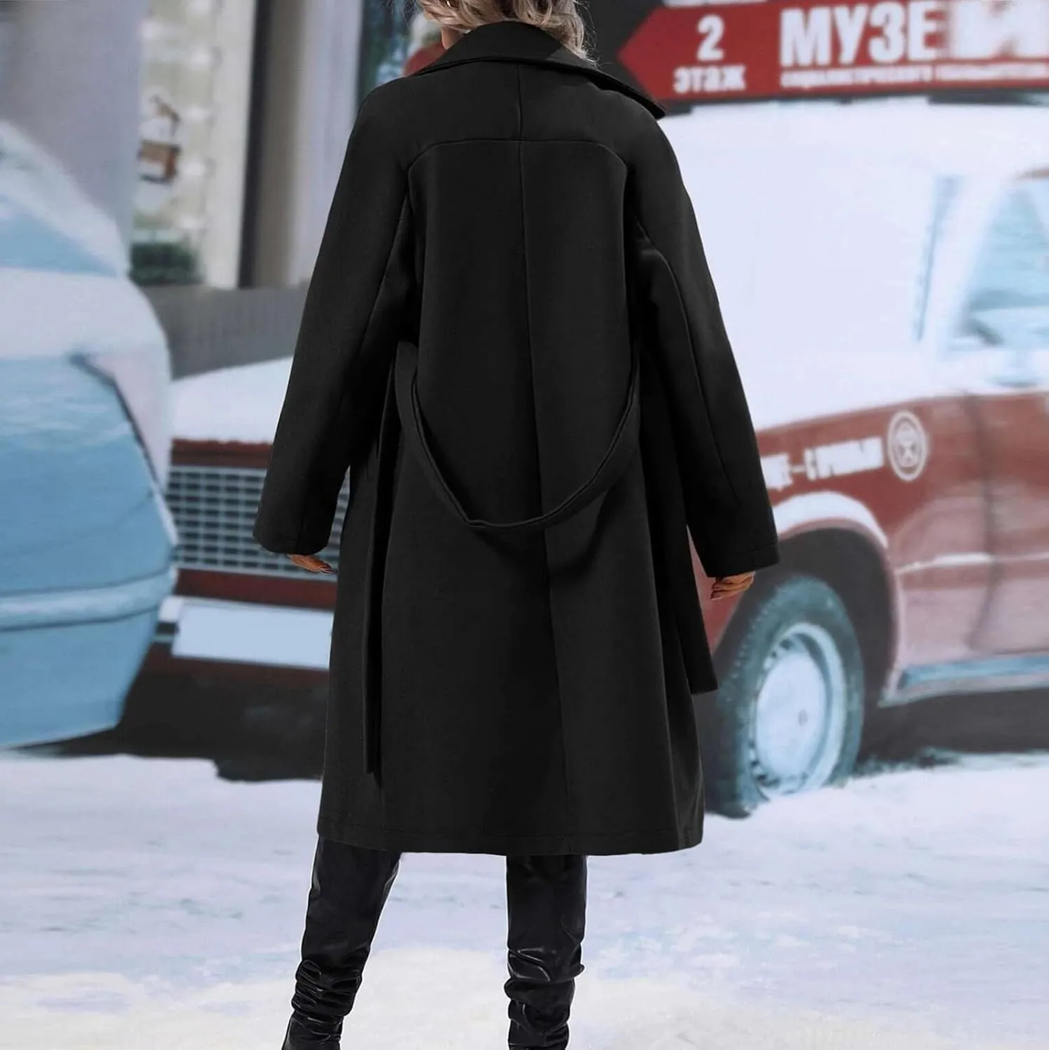 Womens Notched Lapel Collar Double Breasted Coat Winter Wool Blend Over Coats Long Jackets