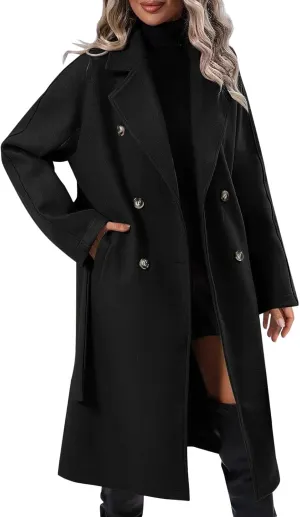 Womens Notched Lapel Collar Double Breasted Coat Winter Wool Blend Over Coats Long Jackets