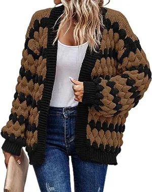 Womens Open Front Cardigan Sweater Oversized Chunky Lantern Sleeve Striped Color Block Sweater Coats