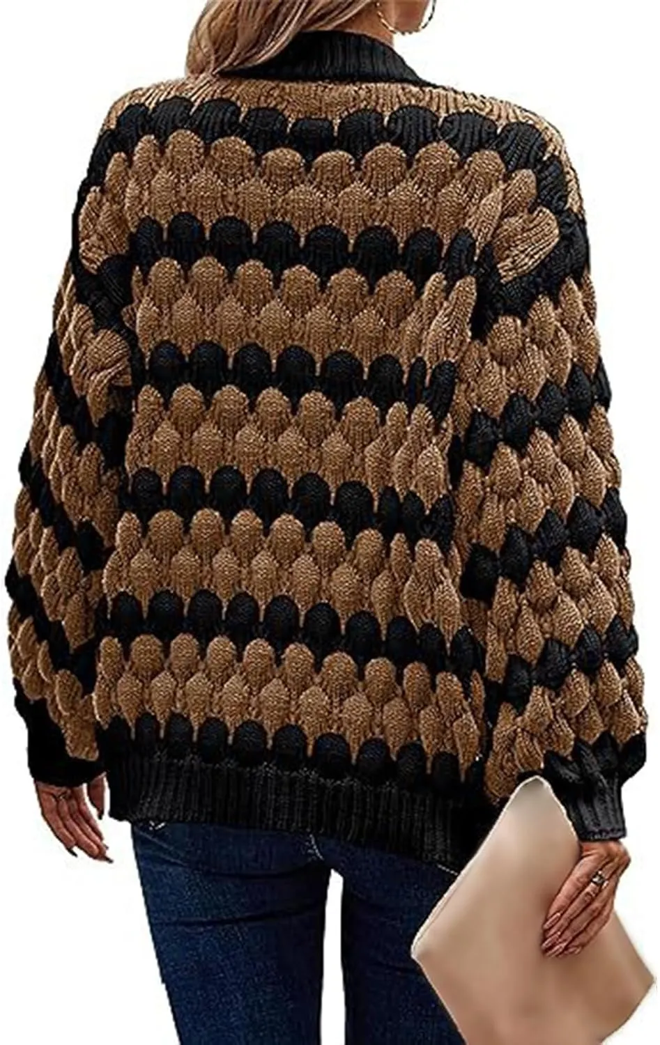Womens Open Front Cardigan Sweater Oversized Chunky Lantern Sleeve Striped Color Block Sweater Coats