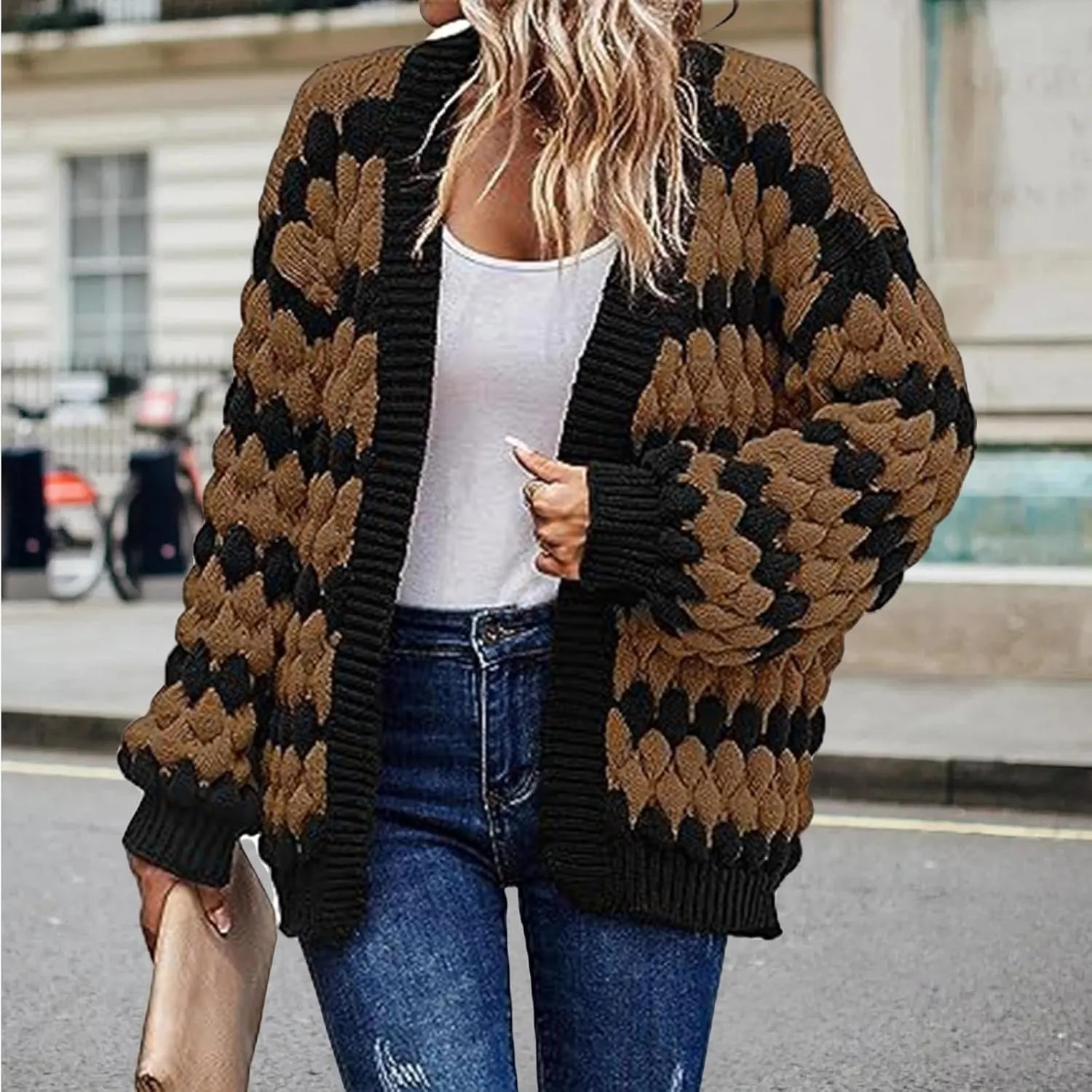 Womens Open Front Cardigan Sweater Oversized Chunky Lantern Sleeve Striped Color Block Sweater Coats