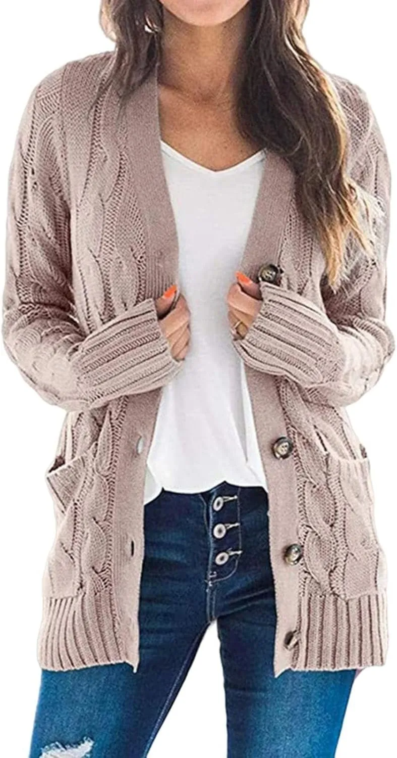 Womens Open Front Cardigan Sweaters Casual Cable Knit Chunky Sweater Button Down Long Sleeve Jacket Winter Coat 2024