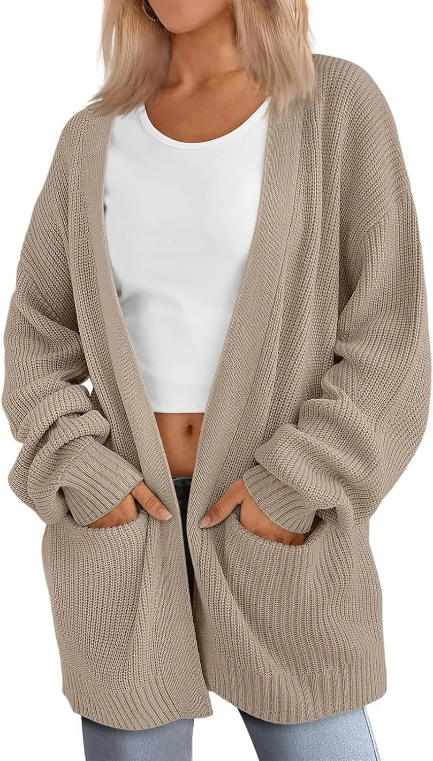 Womens Oversized Cardigan Casual Knit V Neck Open Front Cardigan Sweater Winter Warm Long Sleeve Jacket