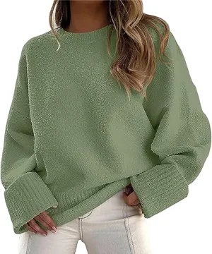 Womens Oversized Crew Neck Sweater Long Sleeve Solid Color Pullover Sweaters Casual Knit Top Trendy Outfits
