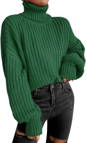 Womens Oversized Cropped Turtleneck Sweater Cable Knit Pullover Sweater Jumper Soft Cozy Slouchy Loose Cute Sweaters