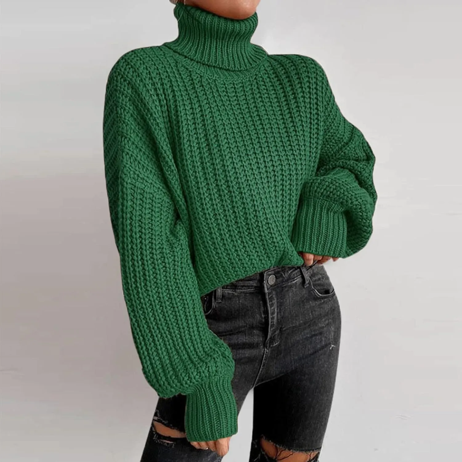Womens Oversized Cropped Turtleneck Sweater Cable Knit Pullover Sweater Jumper Soft Cozy Slouchy Loose Cute Sweaters