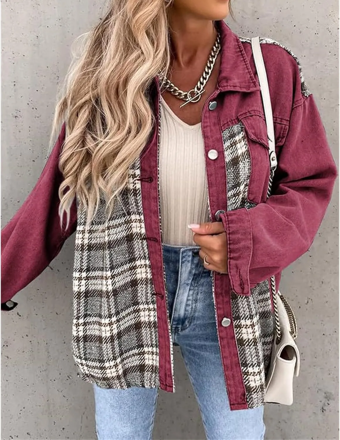 Women's Oversized Denim Jacket Long Sleeve Button Down Plaid Shacket Casual Boyfriend Jean Jacket Fall Clothes 2024