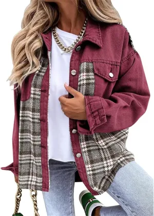 Women's Oversized Denim Jacket Long Sleeve Button Down Plaid Shacket Casual Boyfriend Jean Jacket Fall Clothes 2024